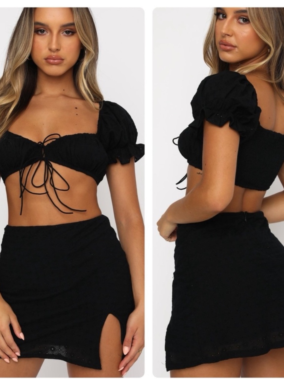 NWT White Fox Boutique Easy Days Black Puff-Sleeve Eyelet Lace Tie Crop Top
